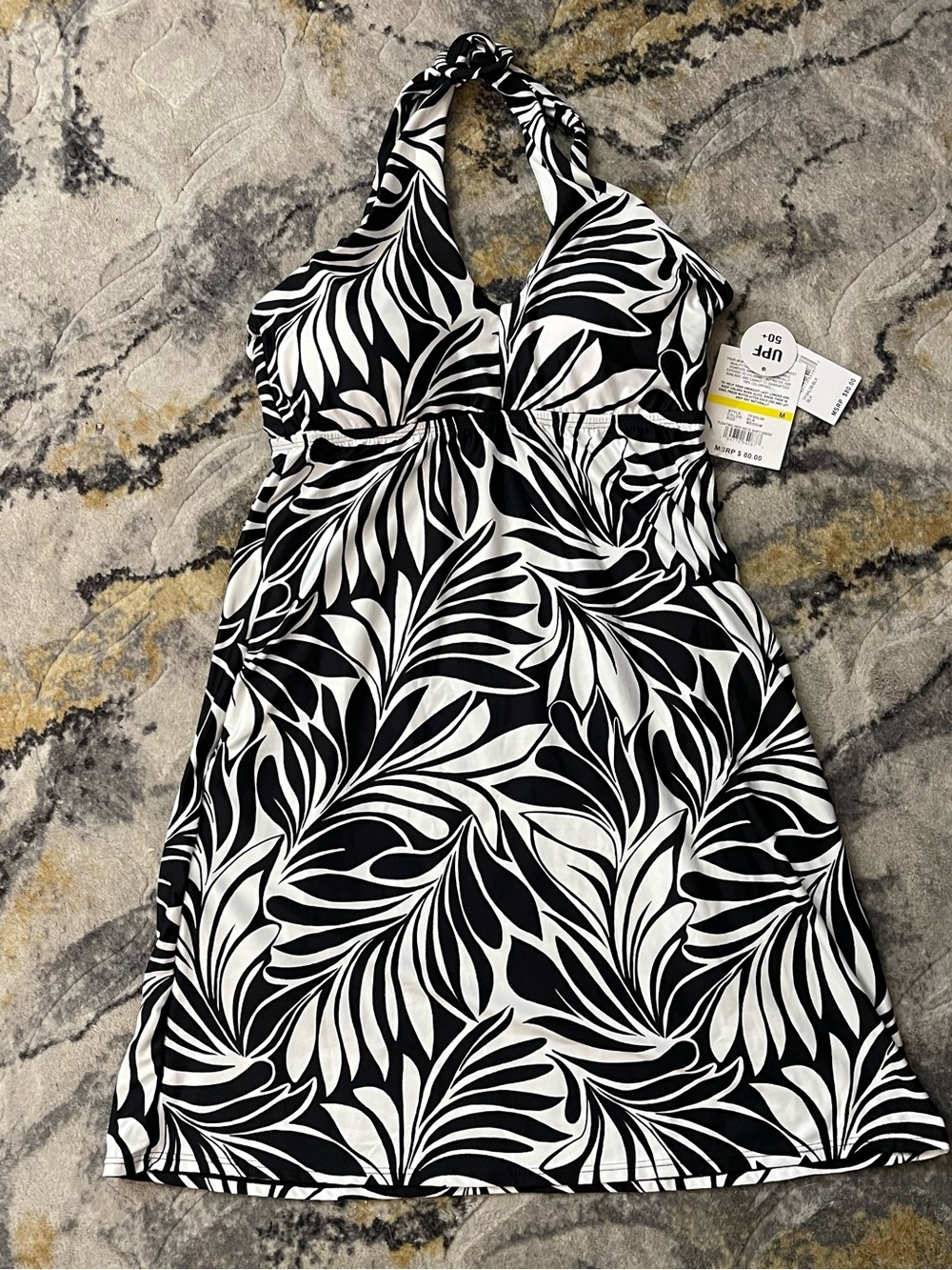 24th & Ocean Black & White Twist Halter Swimdress with Leaf Print - Picture 3 of 16